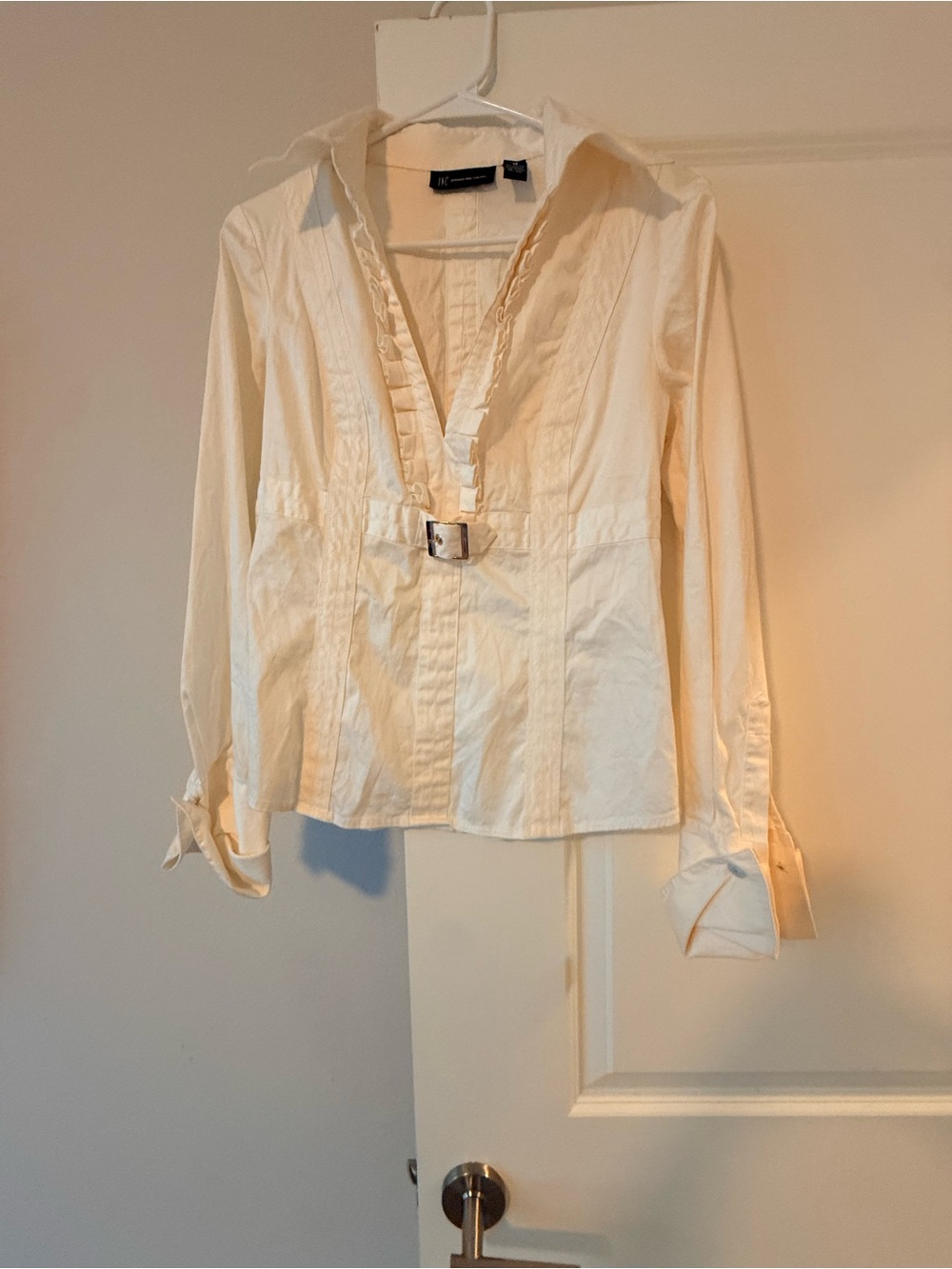 INC International Concepts Cream Button-Front Shirt with Buckle Detail